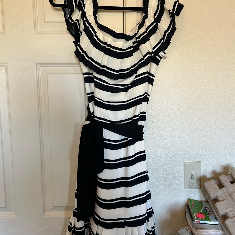 Halston Heritage Black and White Ruched Off-the-Shoulder Sundress